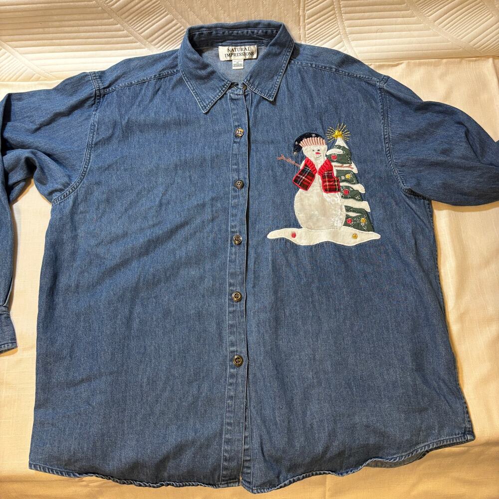 Natural Impressions Christmas Denim Shirt XL Snowman Tree Applique Button Down